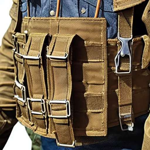Prompt: cargo buckskin jacket buckskin tactical toolbelt pockets bandolier