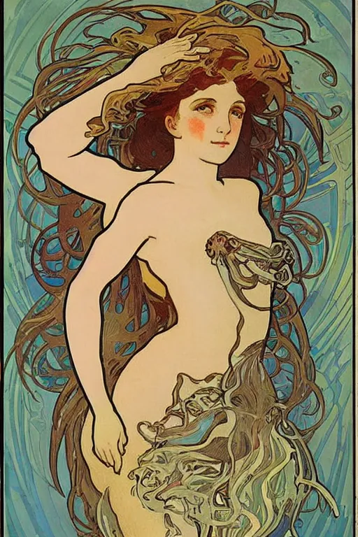 Prompt: a mermaid, by alphonse-mucha