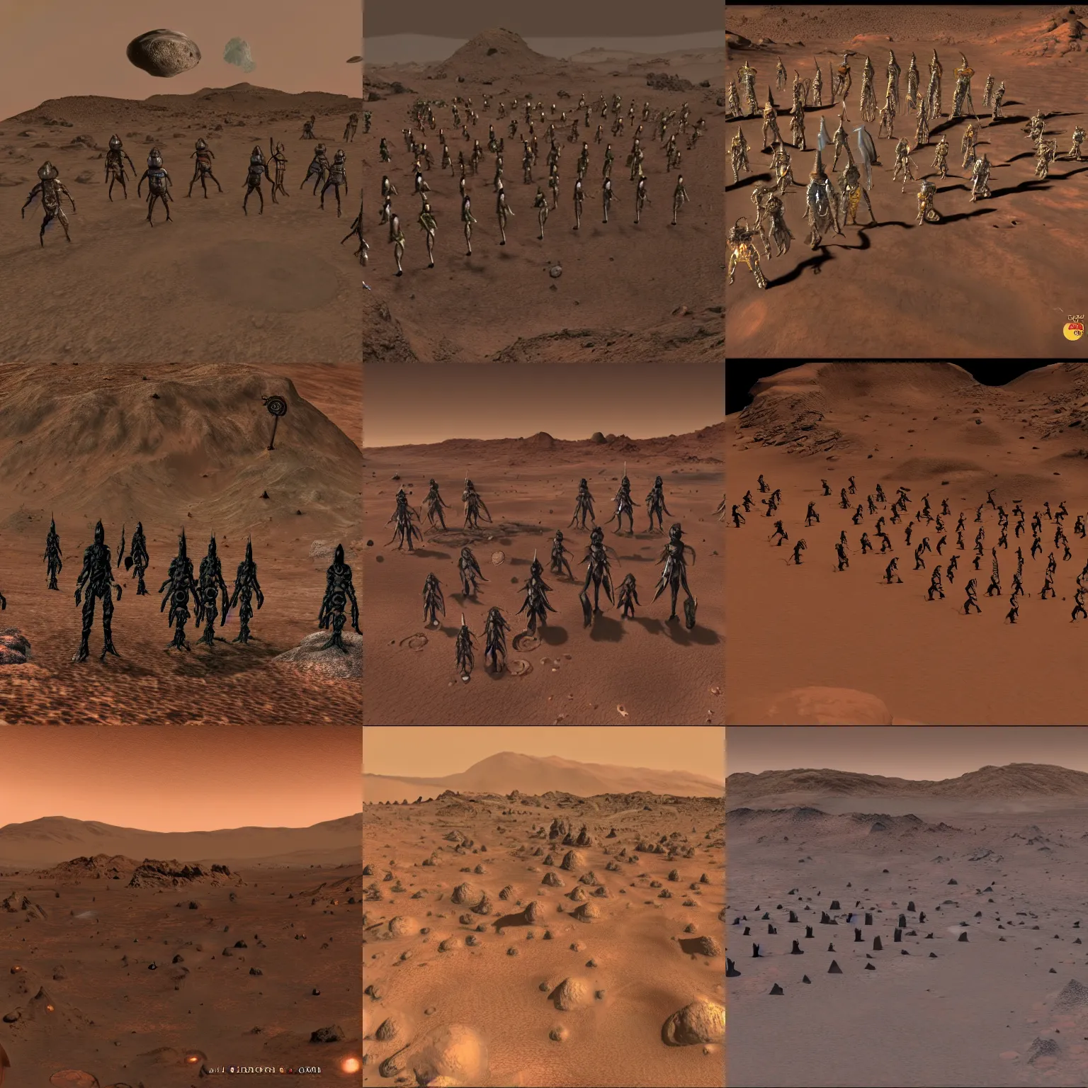 Prompt: a photo of all the inhabitants of morrowind on mars