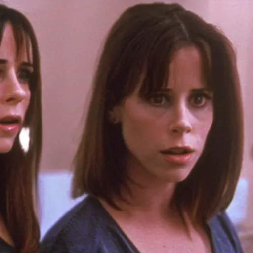 Prompt: High quality movie still of Neve Campbell and Jennifer Love Hewitt in a new throwback 1990s horror film