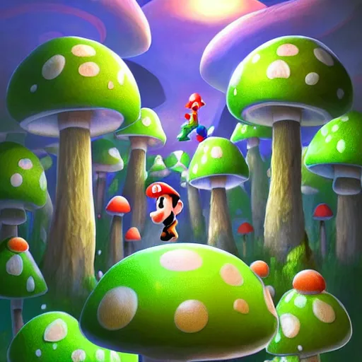 Image similar to mushroom kingdom from mario, digital art, giant green and white spotted mushrooms, at night, exotic flowers and plants, sprites, irina french, heraldo ortega, mandy jurgens trending on artstation 8 k 1 5 0 mpx