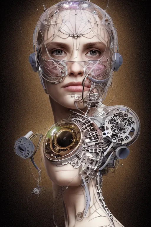 Image similar to profile face portrait of a beautiful female steampunk cyborg, high fashion, capacitors, neon lenses for eyes, mandelbrot fractal, anatomical, white flesh, facial muscles, wires, microchip, veins, arteries, full frame, microscopic, elegant, highly detailed, ornate, rim light, octane render, h. r. giger, and bouguereau