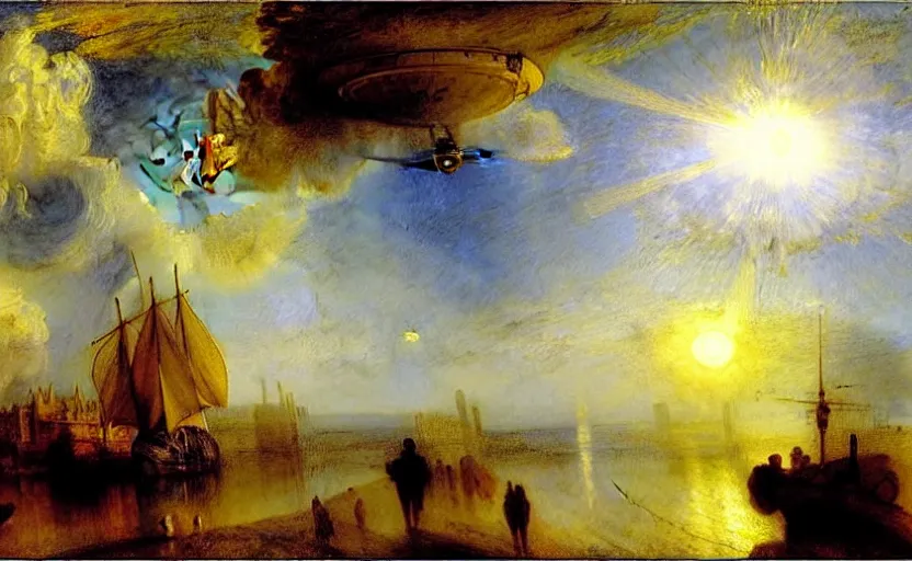 Prompt: ufo appearing in the blue sky above old city casting light. by henriette ronner - knip, by william henry hunt, by rembrandt, by joseph mallord william turner, by konstantin razumov, concept art,