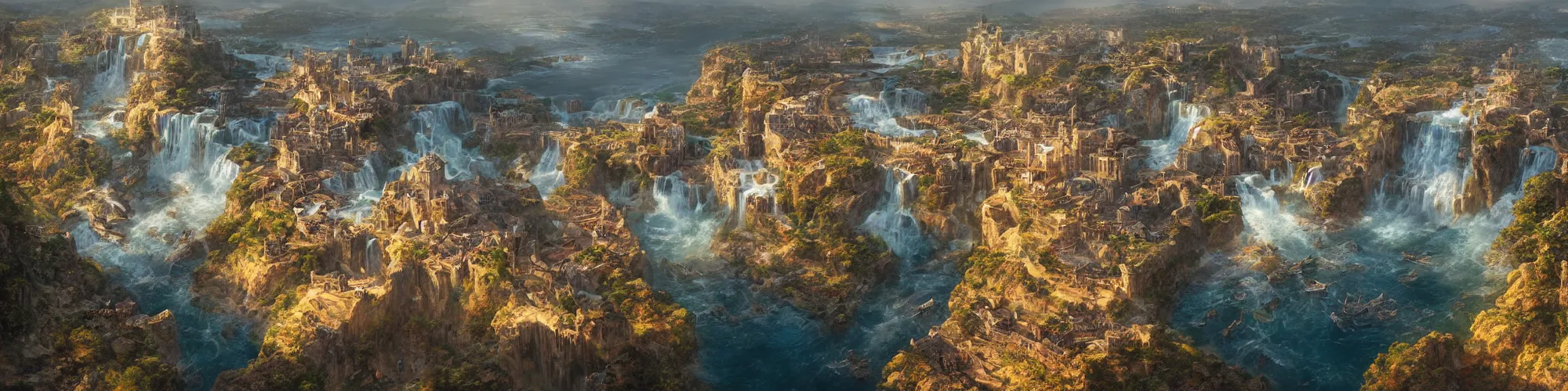 Image similar to Aerial map of a medieval city on top of a giant waterfall, D&D, fantasy, highly detailed, digital painting, artstation, smooth, sharp focus, illustration, art by artgerm and greg rutkowski and james gurney, cinematic, golden hour