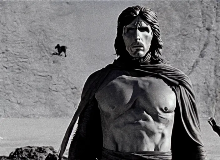 Image similar to film still of Christian Bale as George Taylor!!!!! at the buried statue of liberty in Planet of the Apes 1968