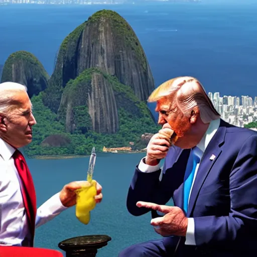 Image similar to realistic 4k image of Biden and Trump together drinking a caipirinha drink with Rio de Janeiro Corcovado on the background