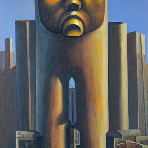 Image similar to brutalist giant sacred robot visage, portrait, cathedral, dystopian, pj crook, edward hopper, oil on canvas