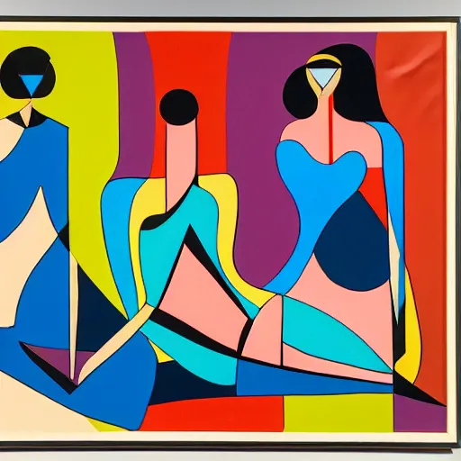 Prompt: A modern abstract painting in the style of HILDEGARDE HANDSAEME, depicting three women figures in three different rooms doing different poses, modern earthy neutral earthy, interesting geometry, in the style of HILDEGARDE HANDSAEME