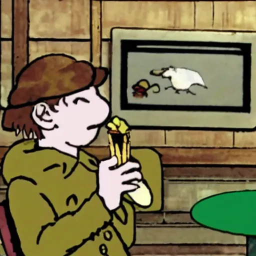 Image similar to cctv footage of snufkin eating ice cream