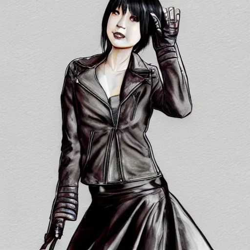 Image similar to a perfect, realistic professional digital sketch of a Japanese young woman posing, wearing leather jacket and skirt, in style of Marvel, full length, by pen and watercolor, by a professional American senior artist on ArtStation, a high-quality hollywood-style sketch, on high-quality paper