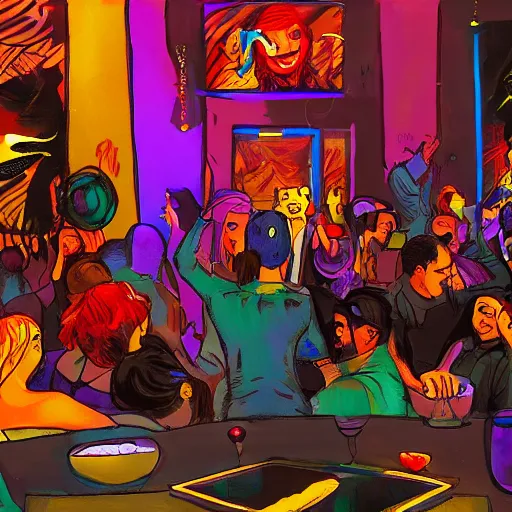 Image similar to cat partying in a club. digital art, expressive painting, trending on artstation.