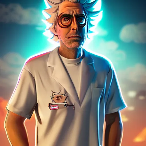 Prompt: portrait art of rick sanchez, ( ( ( ( ( rick and morty ) ) ) ) ), lab coat and tee shirt, lens flare, atmosphere, glow, detailed, intricate, full of colour, cinematic lighting, 4 k, hyperrealistic, focused, extreme details, cinematic, masterpiece