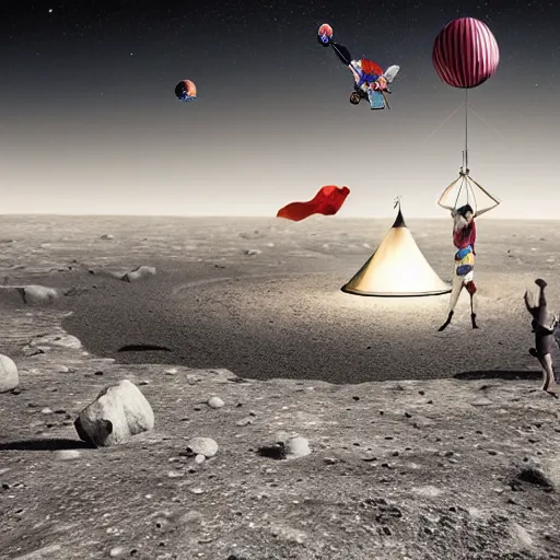 Image similar to circus on the surface of the moon, landscape, magical, warm light, photo realistic