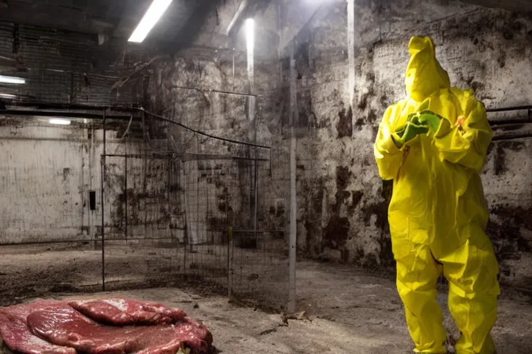 Prompt: drippy meat monster grows out of control in a creepy underground lab, man in a hazmat suit looks on helplessly