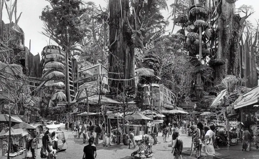 Prompt: post-apocalyptic, maori, indonesian, tlingit, bazaar stalls around the bases of trees in the tree city, giant redwoods, tree trunks carved into towers with bulbous balconies, dim sun, 1970s science fiction solarpunk candid street scene in market by Botticelli and Rembrandt, simple joy