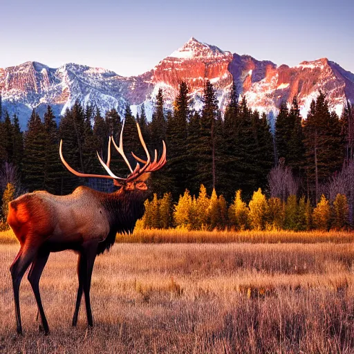 Image similar to statuesque elk in front of the Rocky Mountains at dawn, realistic, photograph, high quality, ultraHD, award winning, national geographic