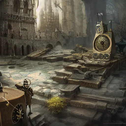 Image similar to asa fave, decorated with medieval alchemy objects, swords, mithrometers, mechanical art, wares, dystopian, ultra wide matte painting, highly detailed quantum wavetracing, highly detailed matte painting, highly detailed matte painting