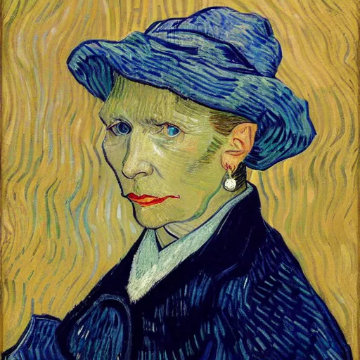 Prompt: vincent van gogh portrait of hillary clinton's head, wearing pearl necklace and a diamond tiara