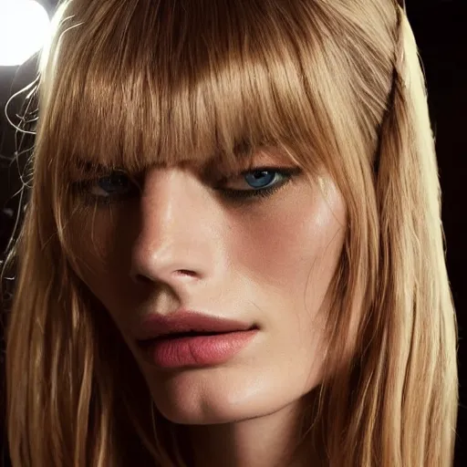 Prompt: A beautiful portrait of Julia Stegner as a model at Versace fashion show Spring/Summer 2014, highly detailed, in the style of cinematic, fashionweek backstage,makeup by Pat Mcgrath, Shot by Benny Horne