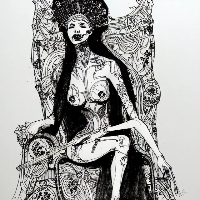 Image similar to salome full figure sitting on throne sketchbook ink drawing by james jean very detailed high contrast