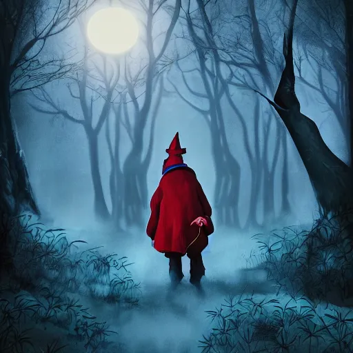 Prompt: portrait of the terrified Rincewind in the dark Forbidden Forrest, at night, full moon, blue tones, detailed, hyperrealistic, colorful, cinematic lighting, digital art by Kate Oleska