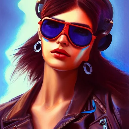 Image similar to closeup painting of a very beautiful young mexican cyberpunk woman with a smirk, wearing light blue shutter shades and a dark brown leather jacket, one side haircut, long brown hair with light blue ends, portrait, hyperdetailed, artstation, cgsociety, 8 k, synthwave by tangerine dream