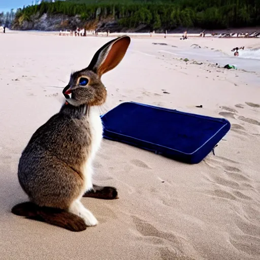 Image similar to a rabbit playing a guitar sitting on a beach in Sweden