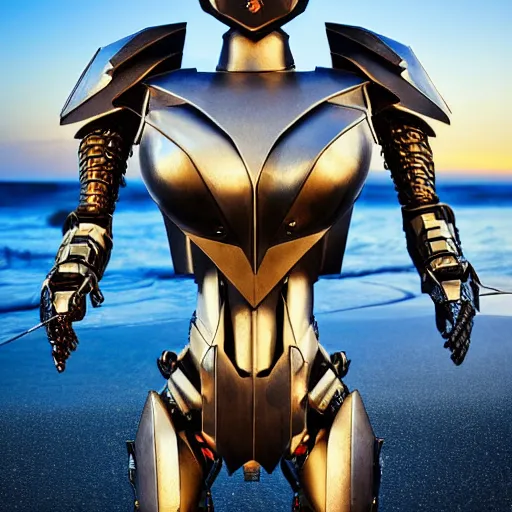 Image similar to chest up bust shot, realistic detailed stunning beautiful armored anthropomorphic humanoid robot female dragon, looking to the side with an elegant pose, smooth and streamlined armor and design made of steel, sharp claws and sharp teeth, high quality head, Slick LEDs, standing on two legs, on the beach during sunset, high quality, cinematic art, sci fi, sunset lighting, 3D render, 8k, artstation, deviantart, furaffinity