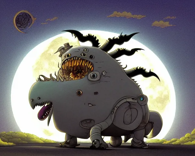 Image similar to a cell shaded cartoon grey lovecraftian mechanized griffon from howl's moving castle ( 2 0 0 4 ), with a big head, on a desert road, wide shot, in front of a big moon, muted colors, post grunge, josan gonzales, wlop, by james jean, victor ngai, hq, deviantart, art by artgem