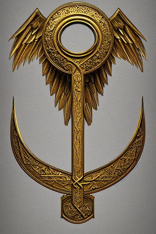 Image similar to Old hebrew symbol of archangel Gabriel. Symbol made out of metal. Cooper lining ,intricate, elegant, highly detailed, digital painting, artstation, concept art, smooth, sharp focus, illustration, art by Ilja Repin