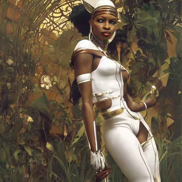 Image similar to african domme mistress, full body, dominatrix, tribal, smooth white tight clothes suit, ornate, very beautiful, concept art, realistic painting, androgynous, afrofuturism, daz 3 d, cinematic, cgsociety, digital art by greg rutkowski, by alphonse mucha