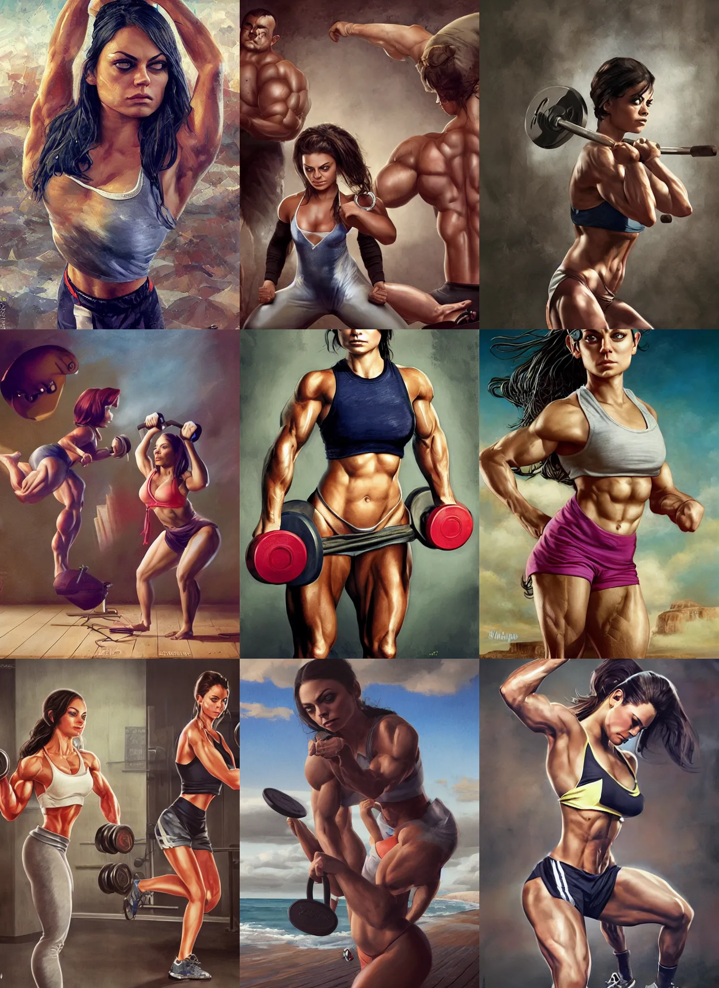 Image similar to bodybuilder mila kunis working out, wlop, steve argyle, ilya kuvshinov, ralph horsley, rossdraw, mark ryden, daniel f. gerhartz, sophie anderson, lilia alvarado, tom chambers