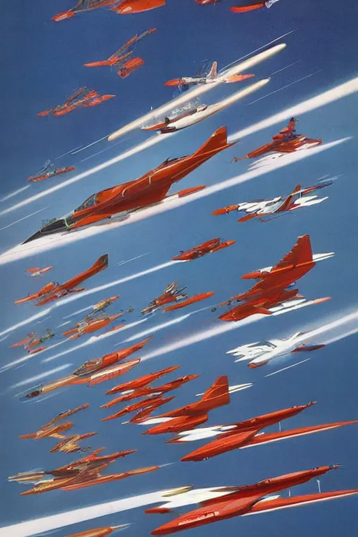 Prompt: a group of fighter jets flying next to each other, poster art by syd mead, behance, retrofuturism, dynamic composition, poster art, glitch art