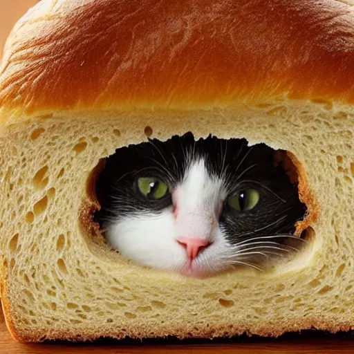 Prompt: a cute cat sticking its face through a slice of bread