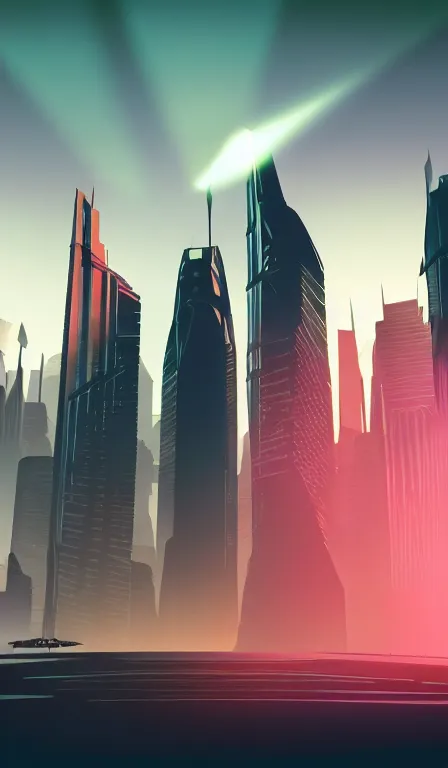 Image similar to futuristic urban island city at dusk. the imposing silhouette of a shadowy space cop. cgartist. leading lines. volumetric lighting. god rays.