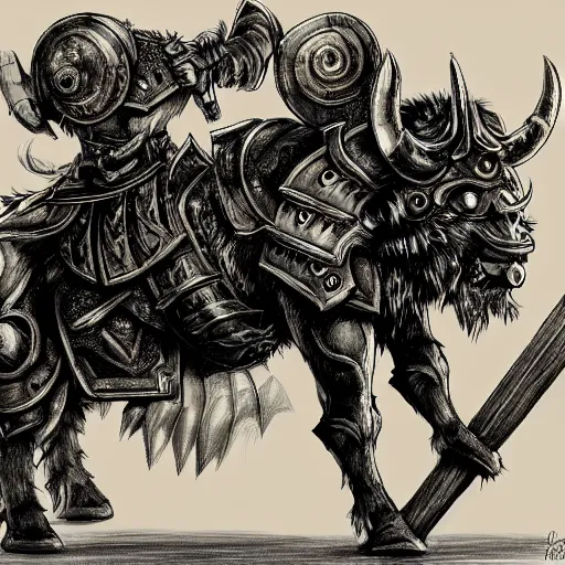 Image similar to detailed fantasy drawing, black furred Minotaur carrying a battle-ax in half plate armor, concept art