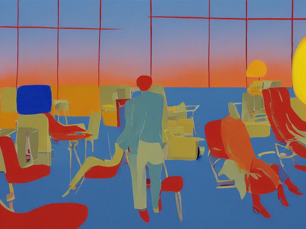 Image similar to sun setting in a airport lounge. tall, spacious, couple watching landed airplane. painting by david hockney