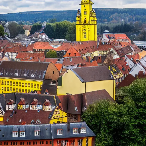 Prompt: a large yellow building with a steeple on top of it, on a hill, a flemish baroque by karl stauffer - bern, unsplash, heidelberg school, panorama, wimmelbilder, nikon d 7 5 0