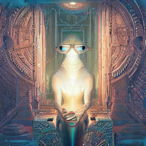 Image similar to highly detailed portrait of sekhmet the egyptian goddess, intricate alien technology, stephen bliss, unreal engine, fantasy art by greg rutkowski, loish, rhads, ferdinand knab, makoto shinkai and lois van baarle, ilya kuvshinov, rossdraws, tom bagshaw, global illumination, radiant light, detailed and intricate environment