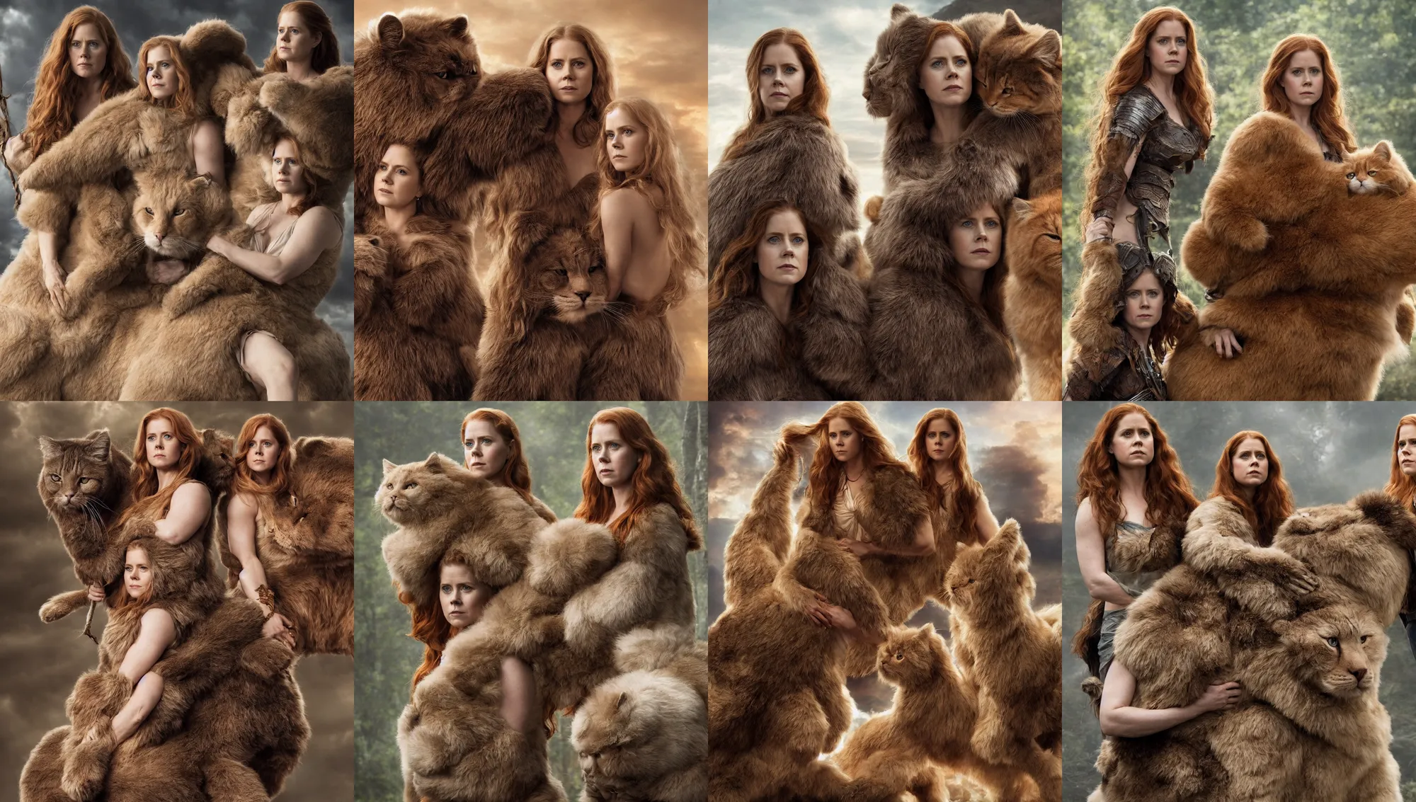 Prompt: amy adams as an amazon warrior leaning against her giant fluffy cat, highly detailed, magali villeneuve