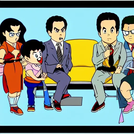 Prompt: A still from the Seinfeld TV Show, in the style of Akira Toriyama, anime