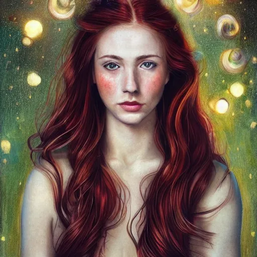 Prompt: a highly detailed, hyper realistic, full body gorgeous portrait of a red haired young woman, surrounded by the like of golden fireflies, long hair, green eyes, hint of freckles, round gentle face, cheeky smile, romantic, deep focus, elegant, digital painting, smooth, sharp, golden ratio, illustration, art by artgerm and caravaggio