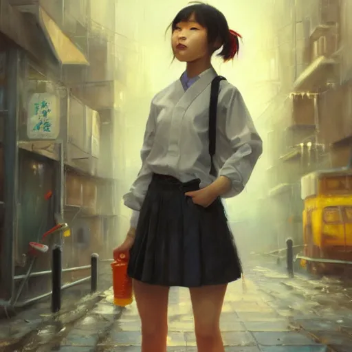 Image similar to a perfect, realistic professional oil painting of a Japanese schoolgirl posing in a dystopian alleyway, close-up, by a professional American senior artist on ArtStation, a high-quality hollywood-style concept