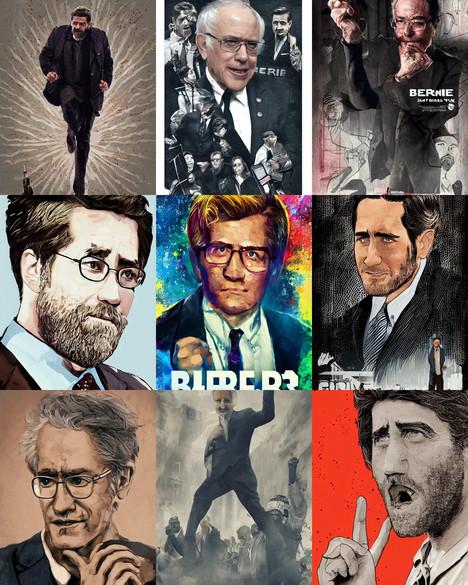 Prompt: bernie ( 2 0 1 6 ) jake gyllenhaal portrays bernie sanders movie poster, feel the bern, dynamic pose, intricate, elegant, highly detailed centered digital painting artstation concept art smooth sharp focus illustration