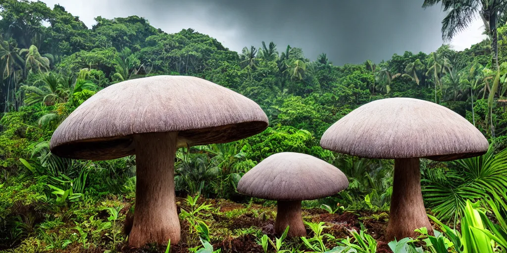 Image similar to giant bell shaped mushrooms loom over a Hawaiian villa in the middle of an tropical forest, ominous Sky, gloomy atmosphere, cinematic, mist, High definition, 8k, ultra detailed