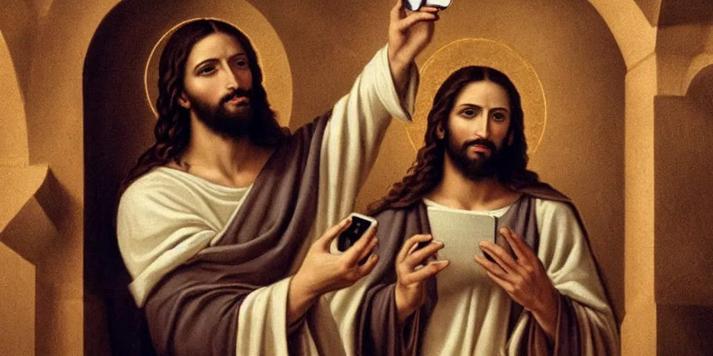 Image similar to Jesus Christ takes a selfish in 2022