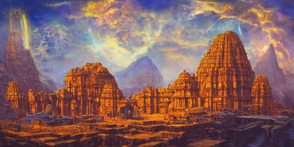 Image similar to fantasy oil painting, mega structure city, indore, kailasa temple, ellora, argos, hybrid, looming, small buildings, warm lighting, street view, overlooking, interstellar space port launching dock, epic, distant mountains, bright clouds, luminous sky, cinematic lighting, michael cheval, david palladini, artstation, oil painting, natural tpose