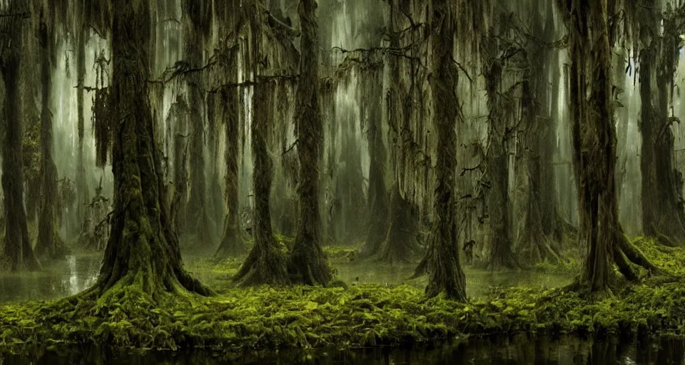 Prompt: A dense and dark enchanted forest with a swamp, from Warcraft