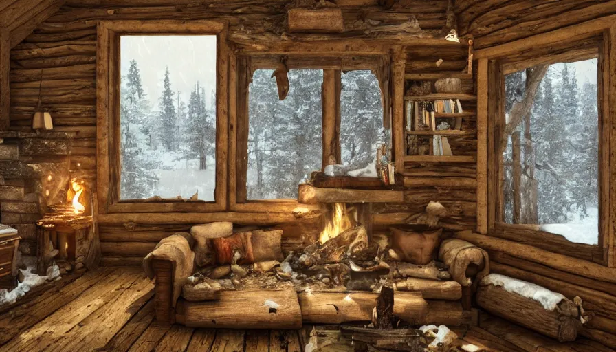 Prompt: Interior of an old cabin built in the snowy forest, small windows, fire in the fireplace, shelf of books, old couch, snowing outside, hyperdetailed, artstation, cgsociety, 8k