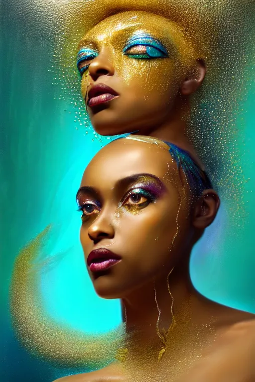 Prompt: hyperrealistic magic realism cinematic very beautiful! black oshun goddess with white! iris, in water, yoruba body paint, mirror dripping droplet!, gold flowers, highly detailed face, digital art masterpiece, smooth robert steven connett eric zener dramatic teal light, ground angle uhd 8 k, sharp focus